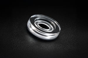 Close-up of a transparent custom sapphire part with concentric precision grooves, shown on a dark background.